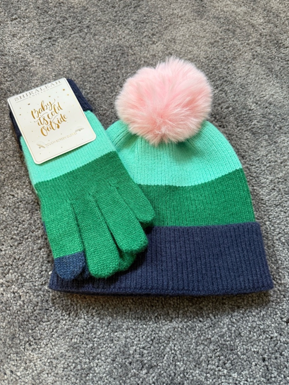 Shiraleah Charlotte Mint Navy Hat with Pink Pom Set With Gloves Women NWT